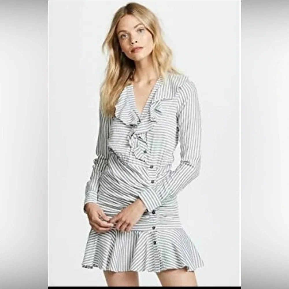 Veronica Beard Kai Blue & White Striped Ruffle Button Front Mini Dress